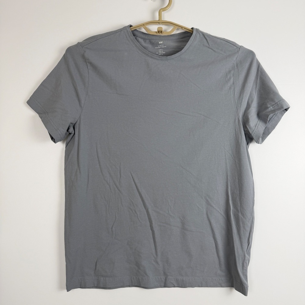 H&M Mens Slim Fit Crew Neck T-Shirt Gray Short Sleeve Cotton Stretch Large